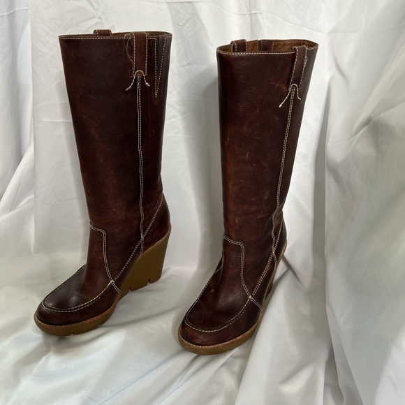 Michael Kors Women’s Brown Leather Knee High Wedge Pull On Boot SZ 8 - Picture 1 of 16